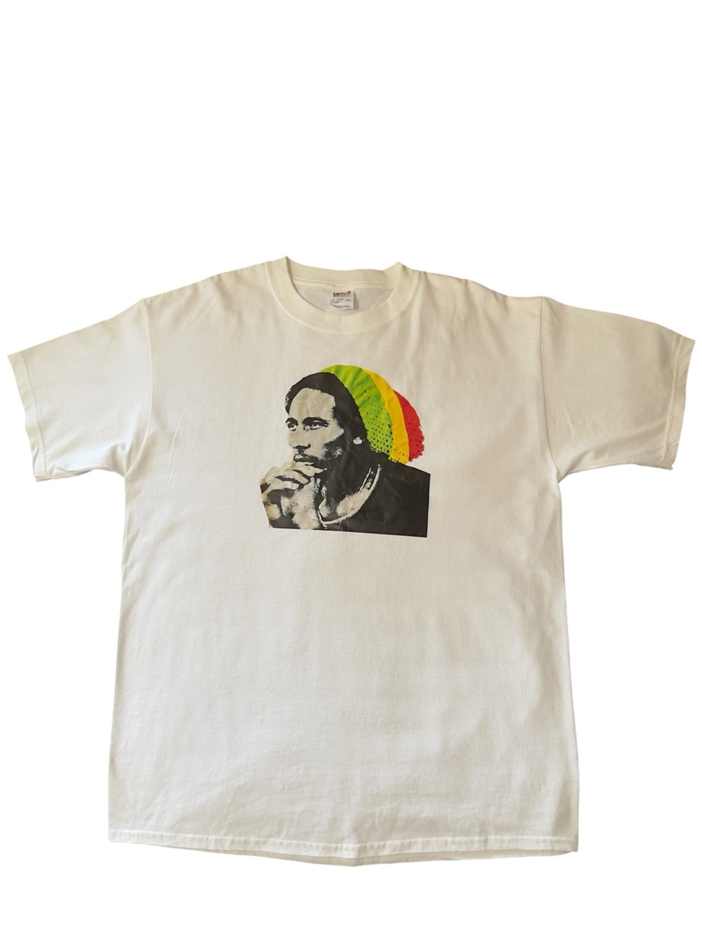 Anvil White Graphic Tee with Black Portrait and Rasta Hat Colors